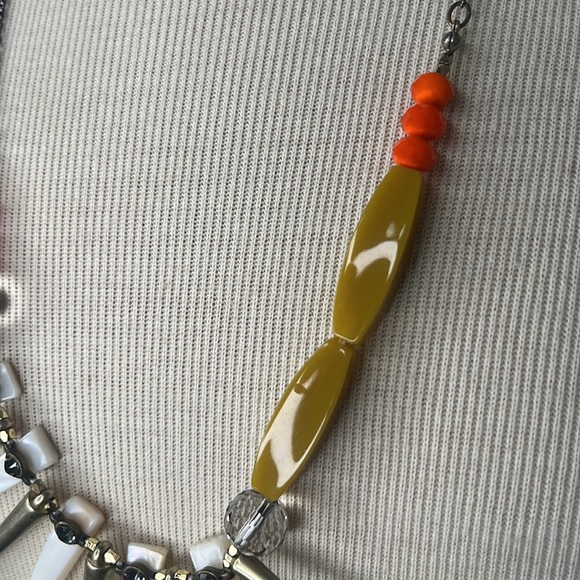Boho Tribal Necklace Multi Bead Orange Cream White Yellow Silver Chain Claw - Picture 5 of 8